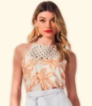 Regata Estampada Decote Macramê