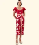 Saia Midi Estampada com Pregas